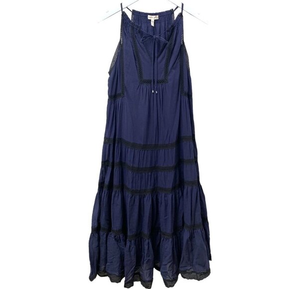 REBECCA TAYLOR Sundress Size 6 Navy Blue Midi Dress Tiered Boho Crochet Flowy - Picture 1 of 11